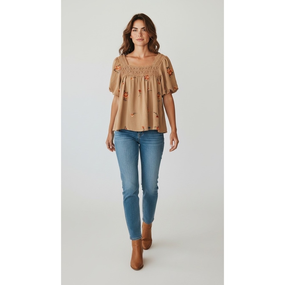 Anthropologie Kindred Embroidered Boho Peasant Blouse Top M Tan Floral Western - Picture 4 of 16